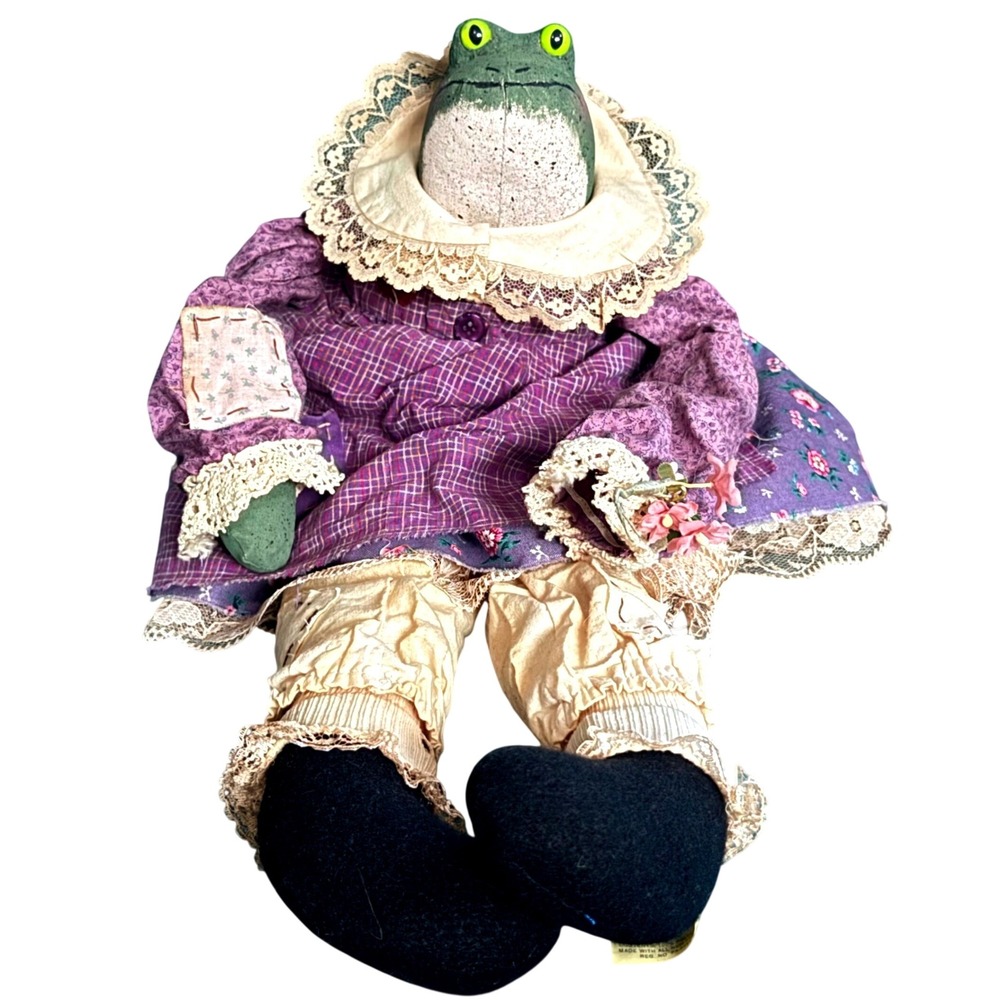 Attic Babies Marty Maschino Frog Doll Handmade Folk Art Shelf Sitter Purple